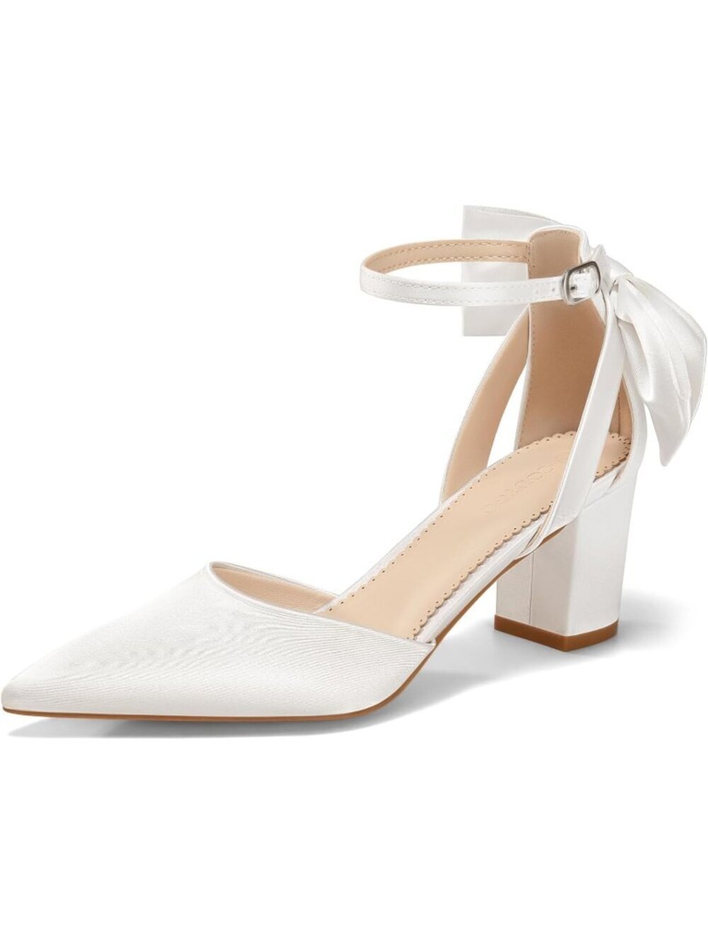 Women's Ivory White Chunky Heels Ankle Strap Pointed Toe Pumps Satin Shoes